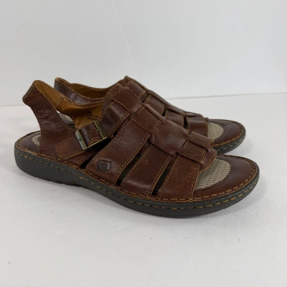 Born Fisherman Sandals 10M Brown Leather Slingback Comfort Shoes